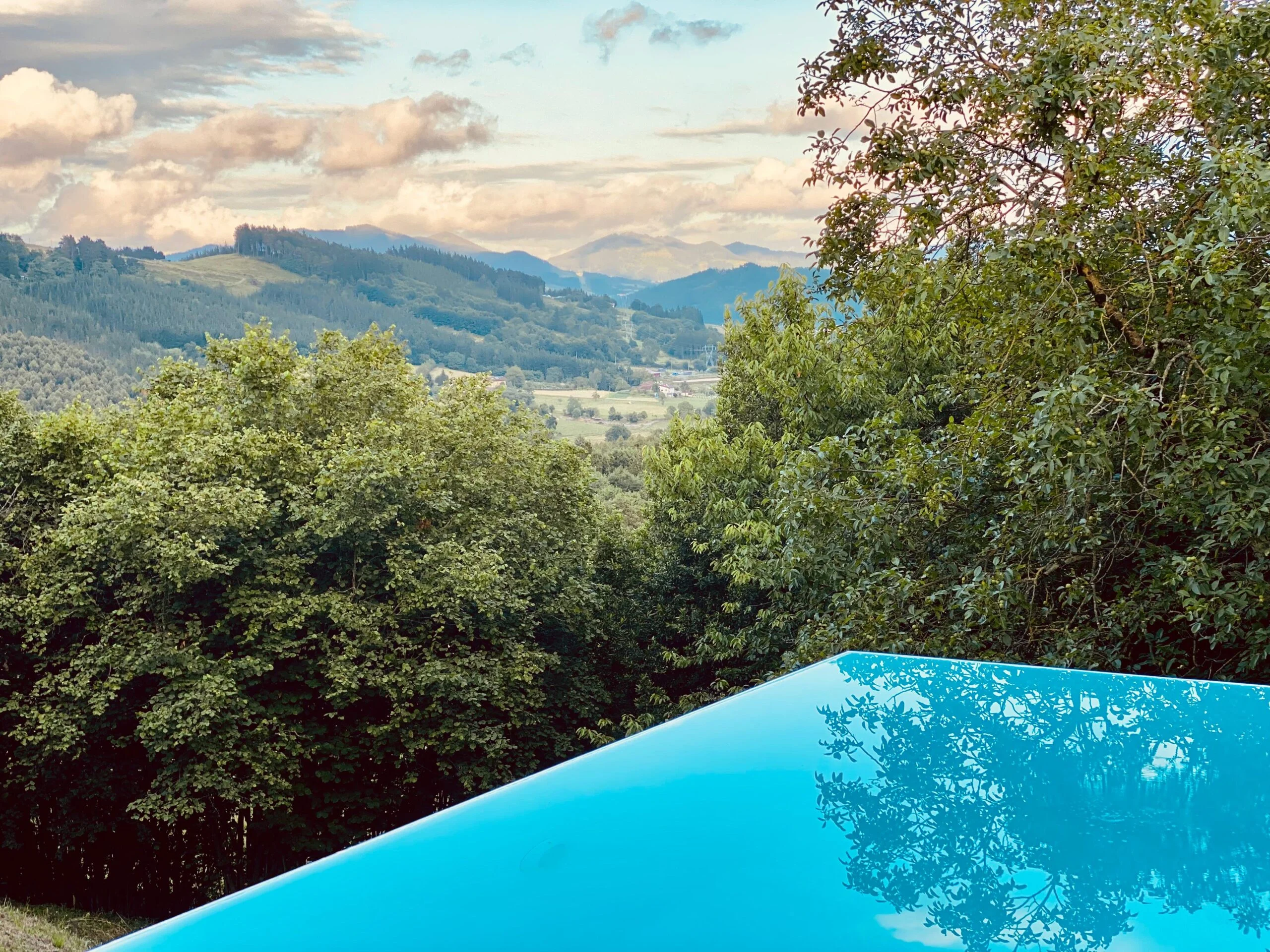 Borde desbordante de la piscina con árboles y montañas al fondo.