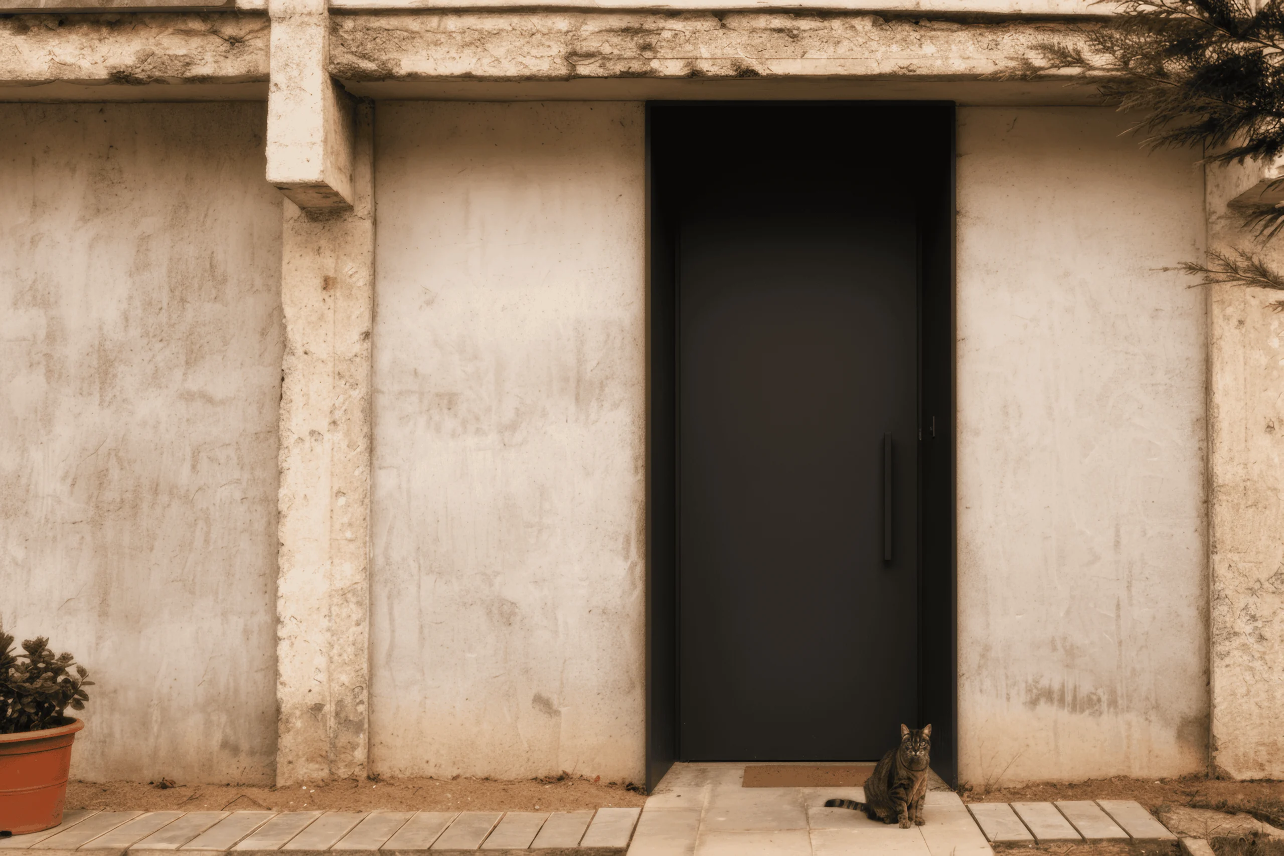 Puerta oscura entre pilares de hormigón, con un gato sentado en el umbral.