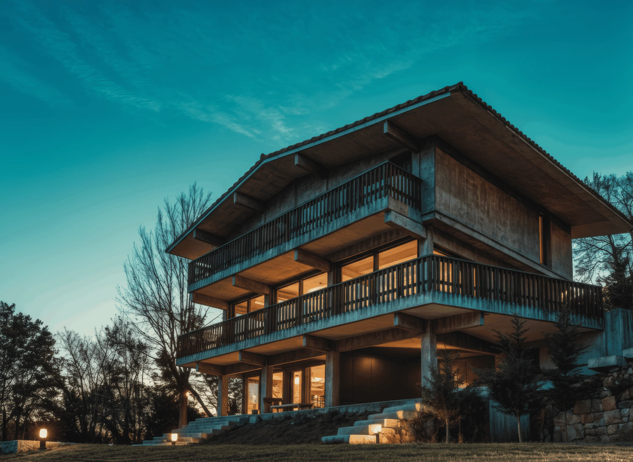 Fachada de Mañariku al anochecer, con estructura de hormigón, barandillas de madera e interiores iluminados.