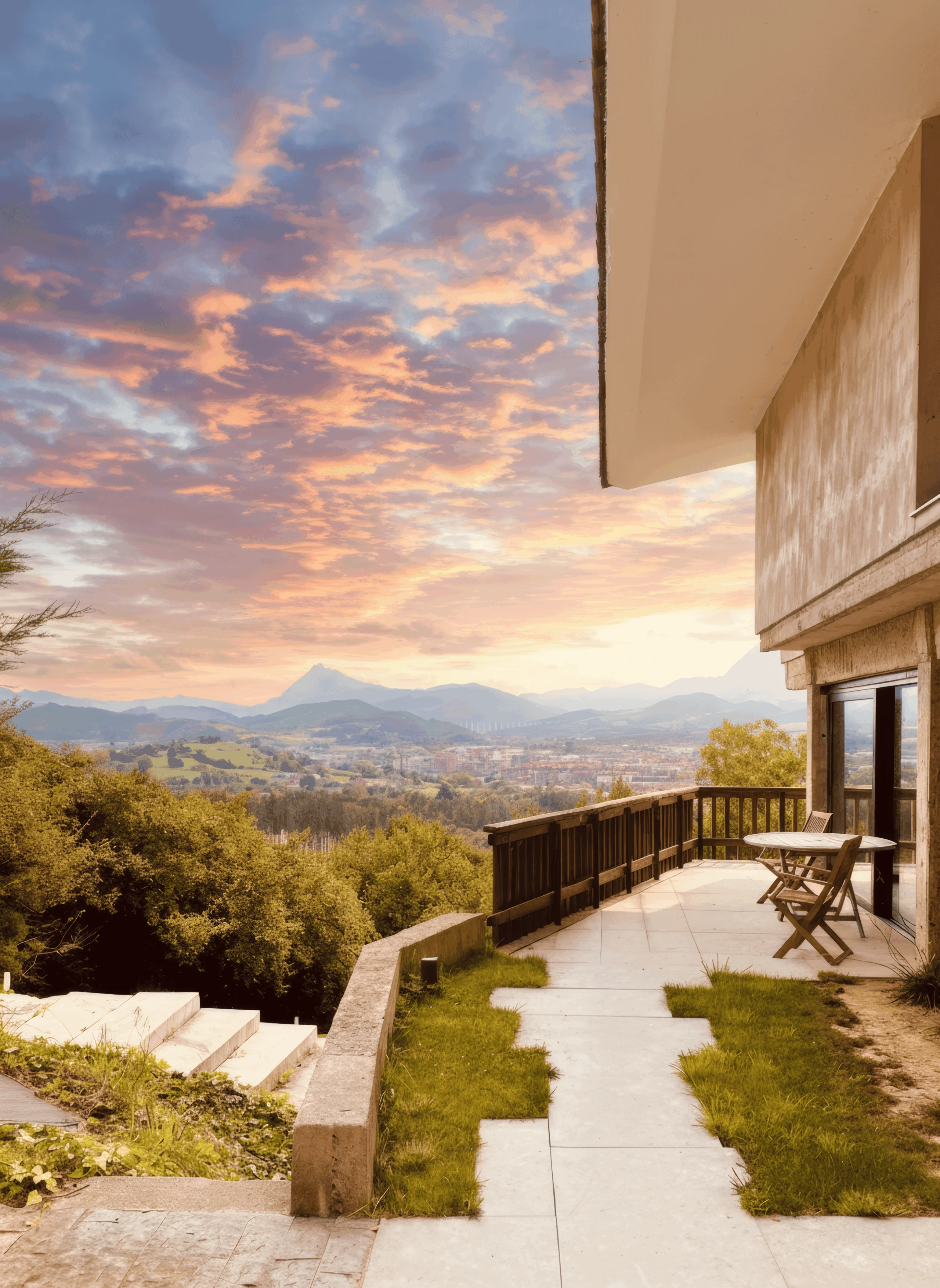 Camino de losas y escalones junto a la terraza, con vistas al valle al atardecer.