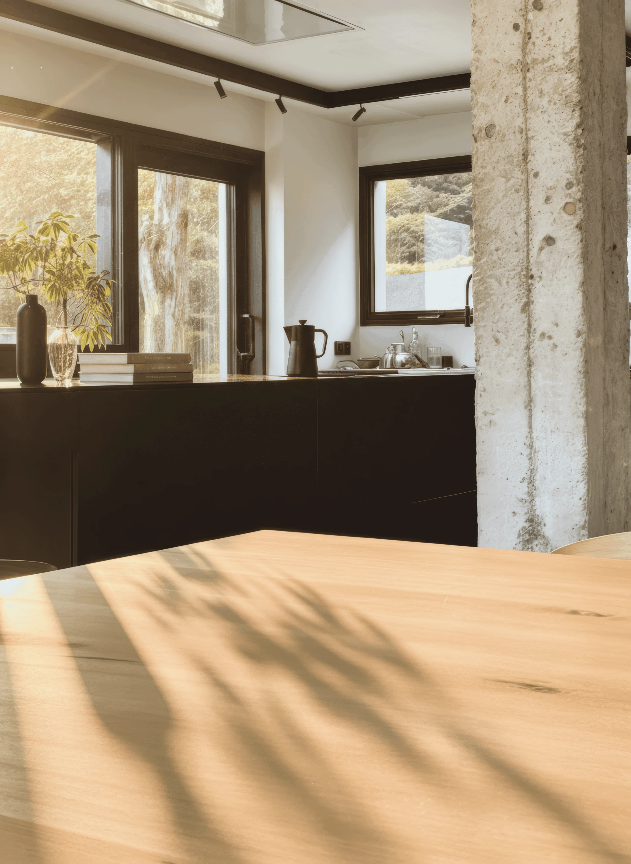 Mesa de madera junto a un pilar de hormigón, con la cocina y los ventanales al fondo.